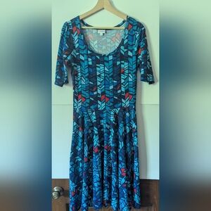 LuLaRoe Nicole Dress Medium Blue Red Geometric Rare Print
